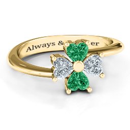 Four Heart Clover Ring in 10K Solid Yellow Gold with Emerald and Cubic Zirconia