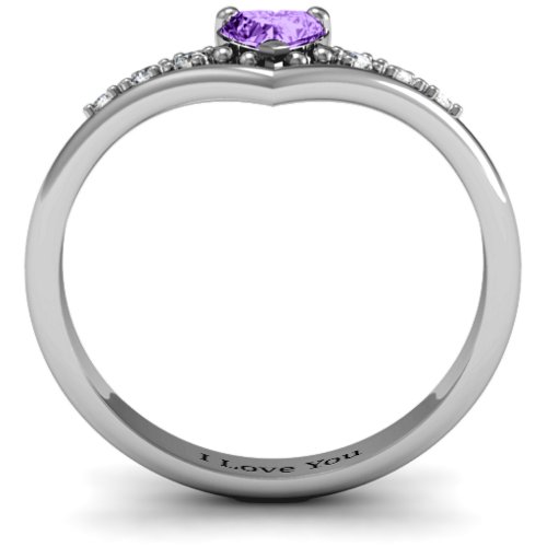 V-Accented Heart Ring – Sterling Silver with Amethyst and Cubic Zirconia