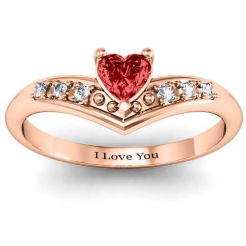 V-Accented Heart Ring – 10K Rose Gold with Garnet and Cubic Zirconia