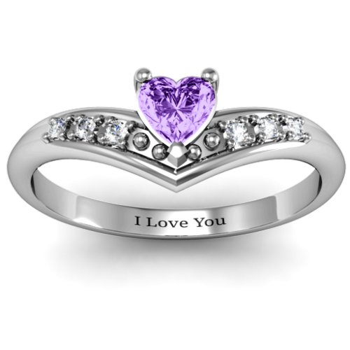 V-Accented Heart Ring – Sterling Silver with Amethyst and Cubic Zirconia