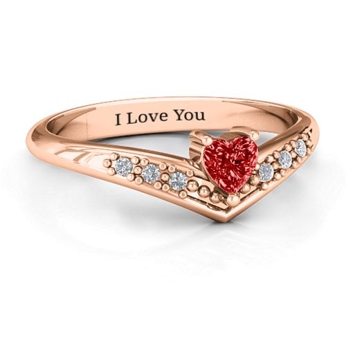 V-Accented Heart Ring – 10K Rose Gold with Garnet and Cubic Zirconia