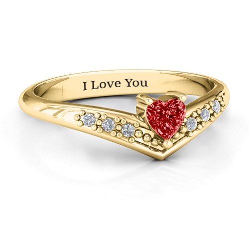 V-Accented Heart Ring – 14K Yellow Gold with Garnet and Cubic Zirconia