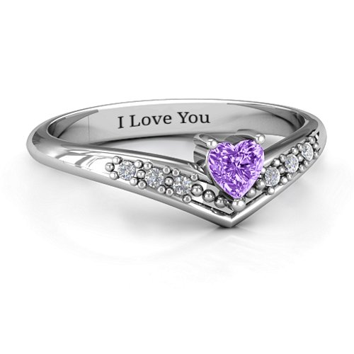 V-Accented Heart Ring – Sterling Silver with Amethyst and Cubic Zirconia