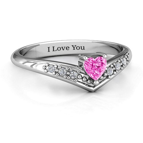 V-Accented Heart Ring – Sterling Silver with Pink Tourmaline and Cubic Zirconia