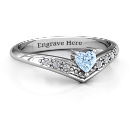 V-Accented Heart Ring in 925 Sterling Silver with Aquamarine