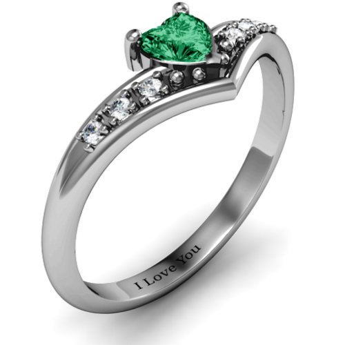 V-Accented Heart Ring – Sterling Silver with Emerald and Cubic Zirconia