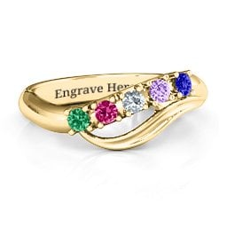 Five Stone Wave Ring in 10K Solid Yellow Gold with Emerald, Ruby, Cubic Zirconia, Amethyst, and Blue Sapphire