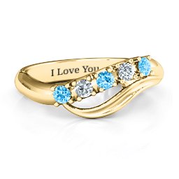 Five Stone Wave Ring in 10K Solid Yellow Gold with Blue Topaz and Cubic Zirconia