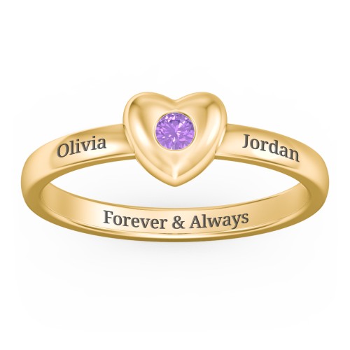 Solid Heart with Gemstone Ring – 18K Gold Plated Silver with Amethyst