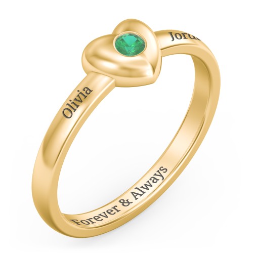 Solid Heart with Gemstone Ring – 18K Gold Plated Silver with Emerald
