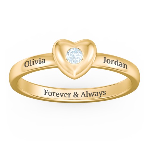 Solid Heart with Gemstone Ring – 18K Gold Plated Silver with Aquamarine