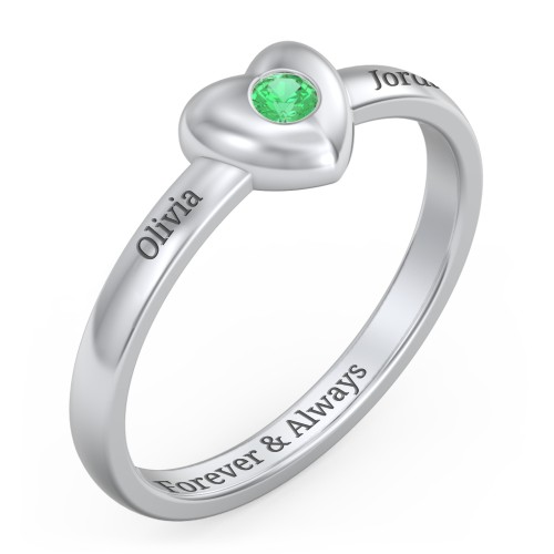 Solid Heart with Gemstone Ring – 10K White Gold with Emerald