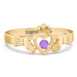 Round Stone Claddagh Ring in 18K Gold Plated Silver with Amethyst