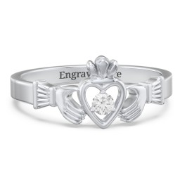 Round Stone Claddagh Ring in 925 Sterling Silver with Cubic Zirconia