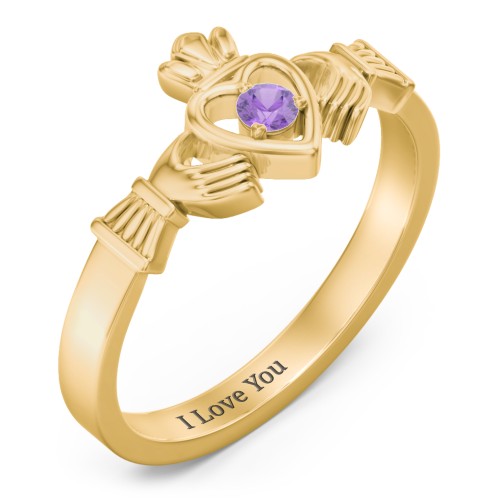 Round Stone Claddagh Ring – 18K Gold Plated Silver with Amethyst