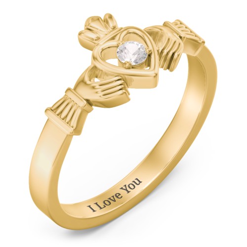 Round Stone Claddagh Ring – 18K Gold Plated Silver with Cubic Zirconia