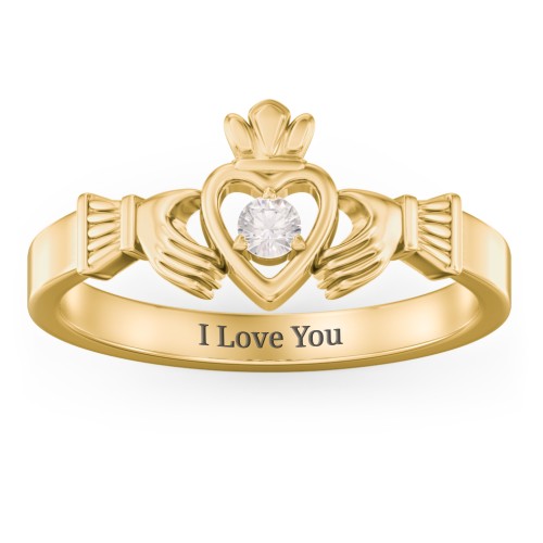 Round Stone Claddagh Ring – 10K Yellow Gold with Cubic Zirconia