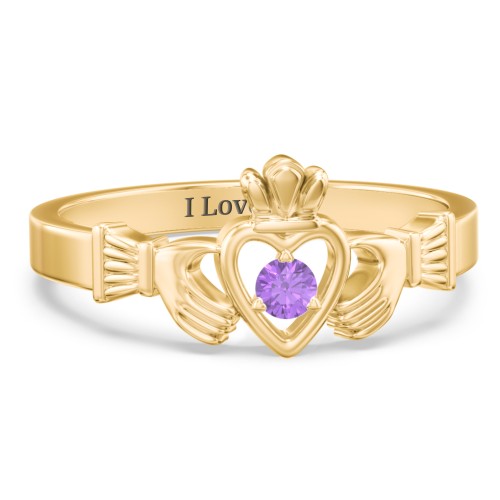 Round Stone Claddagh Ring – 18K Gold Plated Silver with Amethyst