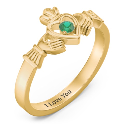 Round Stone Claddagh Ring – 18K Gold Plated Silver with Emerald