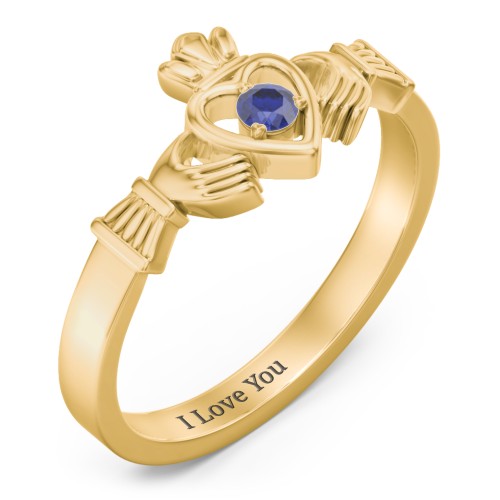 Round Stone Claddagh Ring – 18K Gold Plated Silver with Blue Sapphire