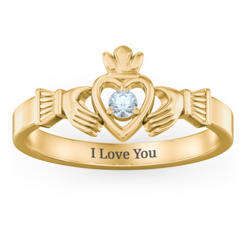 Round Stone Claddagh Ring – 18K Gold Plated Silver with Aquamarine