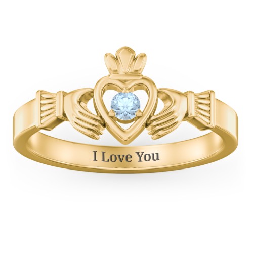 Round Stone Claddagh Ring – 18K Gold Plated Silver with Blue Topaz