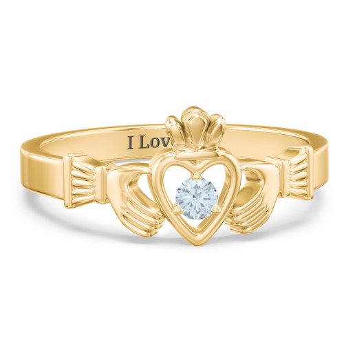 Round Stone Claddagh Ring – 18K Gold Plated Silver with Aquamarine
