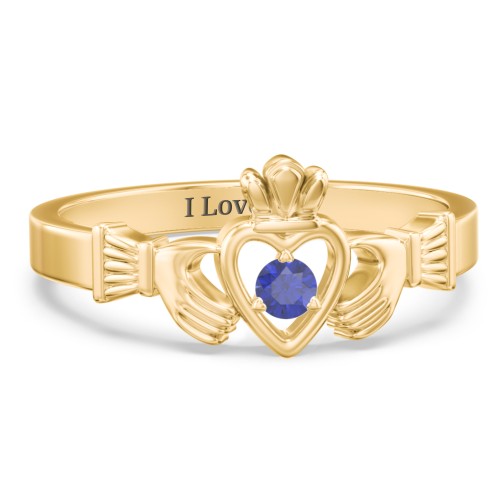 Round Stone Claddagh Ring – 18K Gold Plated Silver with Blue Sapphire