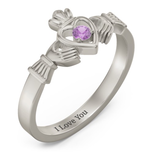 Round Stone Claddagh Ring – 10K White Gold with Amethyst