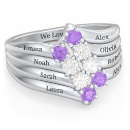 8 Stone Wave Ring in 925 Sterling Silver with Amethyst and Cubic Zirconia