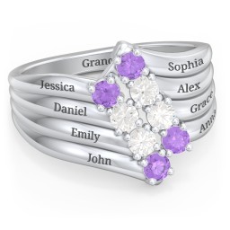 8 Stone Wave Ring in 925 Sterling Silver with Amethyst and Cubic Zirconia