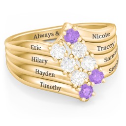 8 Stone Wave Ring in 10K Solid Yellow Gold with Diamond, Cubic Zirconia, and Amethyst