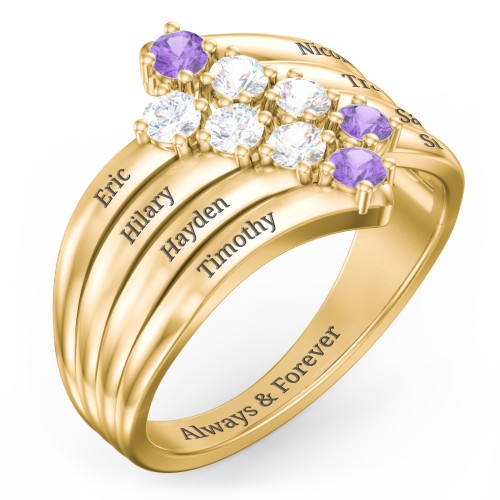 8 Stone Wave Ring – 10K Yellow Gold with Diamond, Cubic Zirconia, and Amethyst