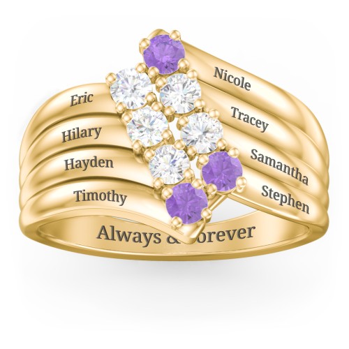 8 Stone Wave Ring – 10K Yellow Gold with Diamond, Cubic Zirconia, and Amethyst