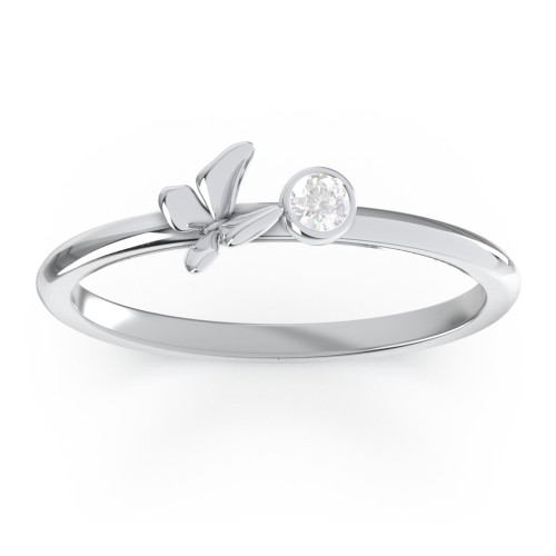 Stacking Butterfly Ring with Bezeled Gemstone – Sterling Silver with Diamond