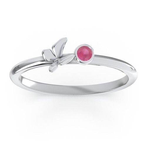 Stacking Butterfly Ring with Bezeled Gemstone – Sterling Silver with Ruby