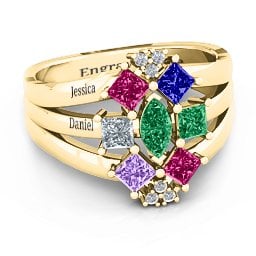 Arachna Centre Marquise and Princess Ring with Accents in 10K Solid Yellow Gold with Emerald, Ruby, Cubic Zirconia, Amethyst, and Blue Sapphire