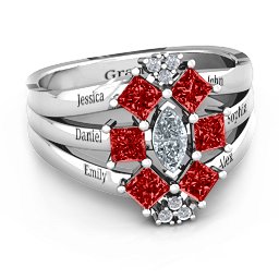 Arachna Centre Marquise and Princess Ring with Accents in 925 Sterling Silver with Cubic Zirconia and Garnet