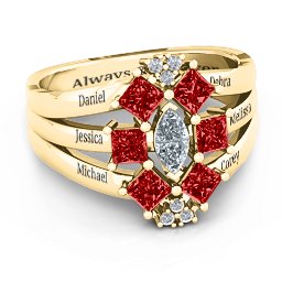 Arachna Centre Marquise and Princess Ring with Accents in 10K Solid Yellow Gold with Cubic Zirconia and Garnet