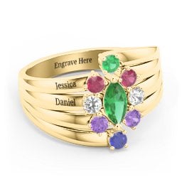 Multi Row Ring with Marquise and Round Cut Gemstones in 10K Solid Yellow Gold with Emerald, Ruby, Cubic Zirconia, Amethyst, and Blue Sapphire