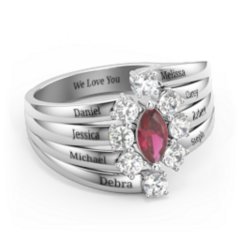 Multi Row Ring with Marquise and Round Cut Gemstones – Sterling Silver with Ruby and Cubic Zirconia