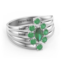 Multi Row Ring with Marquise and Round Cut Gemstones in 925 Sterling Silver with Emerald