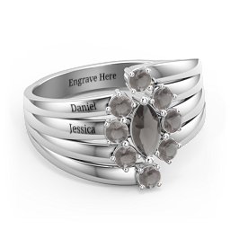 Multi Row Ring with Marquise and Round Cut Gemstones in 925 Sterling Silver with Smokey Quartz