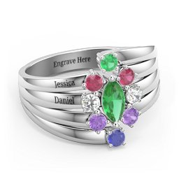 Multi Row Ring with Marquise and Round Cut Gemstones in 925 Sterling Silver with Emerald, Ruby, Cubic Zirconia, Amethyst, and Blue Sapphire