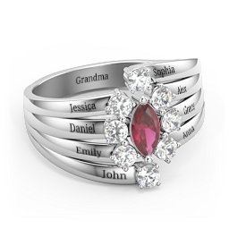 Multi Row Ring with Marquise and Round Cut Gemstones in 925 Sterling Silver with Ruby and Cubic Zirconia