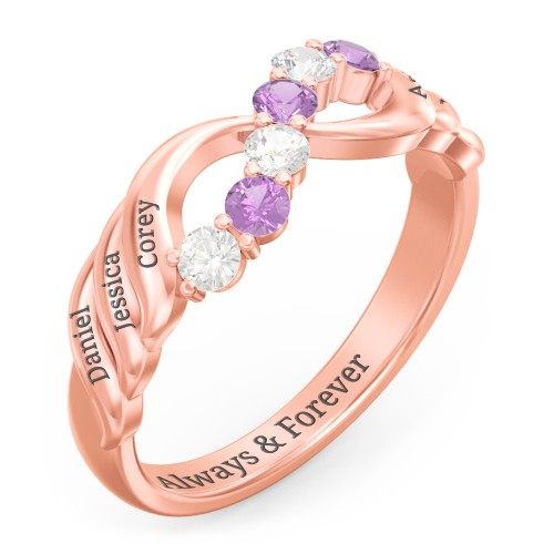 Engravable Infinity Wave Ring with Gemstones – 10K Rose Gold with Cubic Zirconia and Amethyst