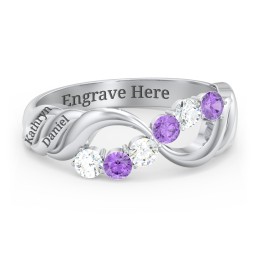 Engravable Infinity Wave Ring with Gemstones in 10K Solid White Gold with Cubic Zirconia and Amethyst