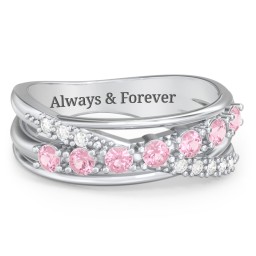 7 Stone Crossover Ring with Accents in 925 Sterling Silver with Pink Tourmaline and Diamond