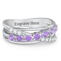 7 Stone Crossover Ring with Accents in 925 Sterling Silver with Amethyst and Diamond