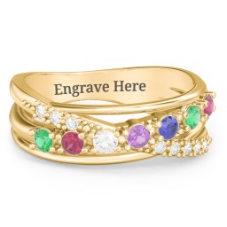 7 Stone Crossover Ring with Accents in 10K Solid Yellow Gold with Emerald, Ruby, Cubic Zirconia, Amethyst, Blue Sapphire, and White Premium Zirconia